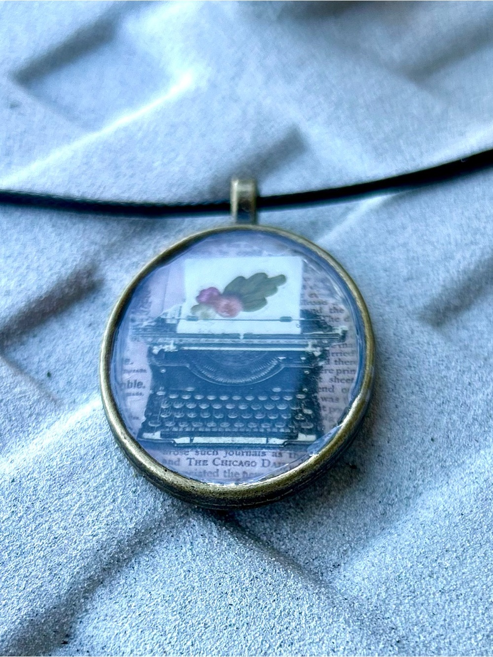 Hand Crafted Brass Round Typewriter Pendant Necklace with Black Cord